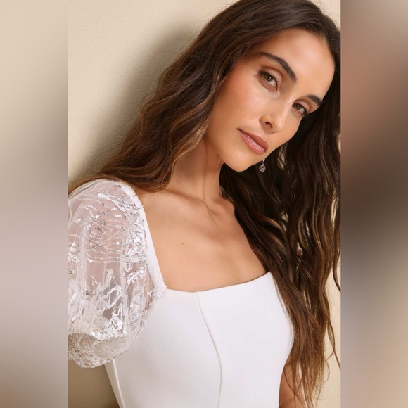 NWOT Lulus Sparkly Charisma White Sequin Off-the-Shoulder Mini Dress - Picture 4 of 9